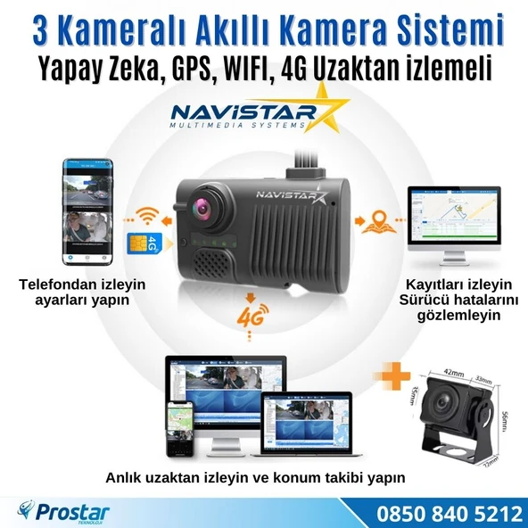 3 Kameralı 4G Uzaktan izlemeli GPS Wifi Yapay Zekalı Akıllı Dashcam Kamyon Tır Kamera Sistemi - 3