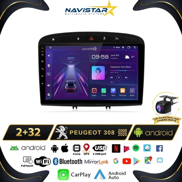 Peugeot 308  2008-2020 Model 2GB + 64GB Android 13 Kablosuz Carplay Navigasyon Multimedya Sistemi