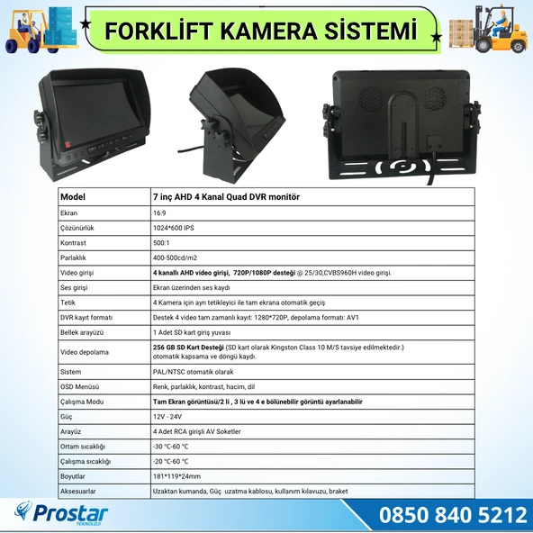 Forklift Kamera Sistemi Reach Truck 2 Kameralı 7 Inç Monitörlü Kayıtlı Kamera Seti - 2