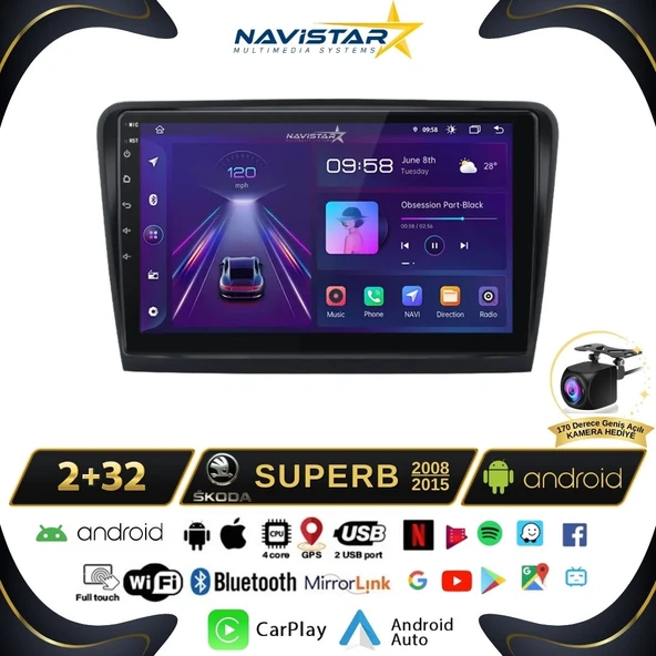 Skoda Superb 2008-2015 Model 2+64GB Android 13 Kablosuz Carplay Navigasyon Multimedya Sistemi