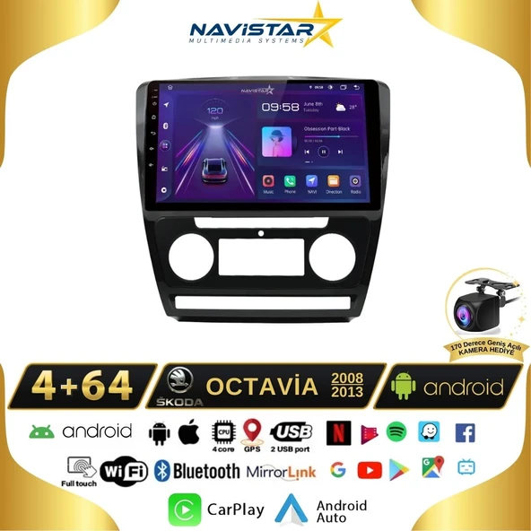 Skoda Octavia 2008-2013 Model 4GB + 64GB Android 13 Kablosuz Carplay Navigasyon Multimedya Sistemi