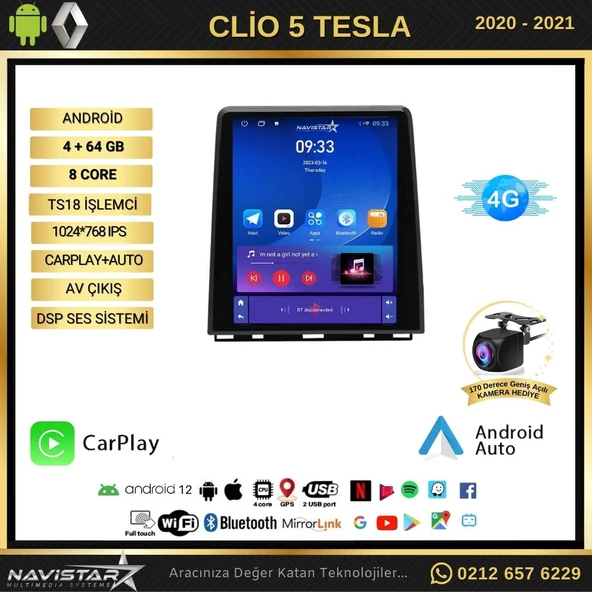 Renault Clio 5 Tesla 4GB + 64GB 2020-2021 Model Kablosuz Carplay Navigasyon Qled Multimedya Sistemi - 2
