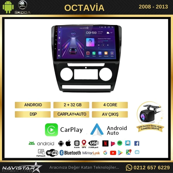 Skoda Octavia 2008-2013 Model 2+64GB Android 13 Kablosuz Carplay Navigasyon Multimedya Sistemi - 2