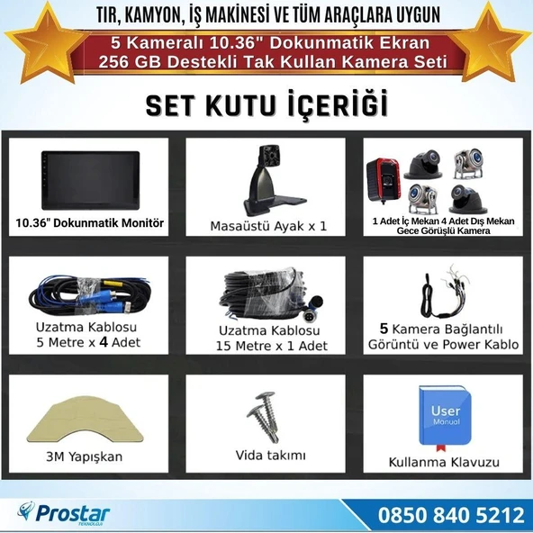 5 Kameralı 10.36" Dokunmatik Kayıtlı Ekranlı 256 Gb Sd Kart Destekli Araç Kamera Seti - 5