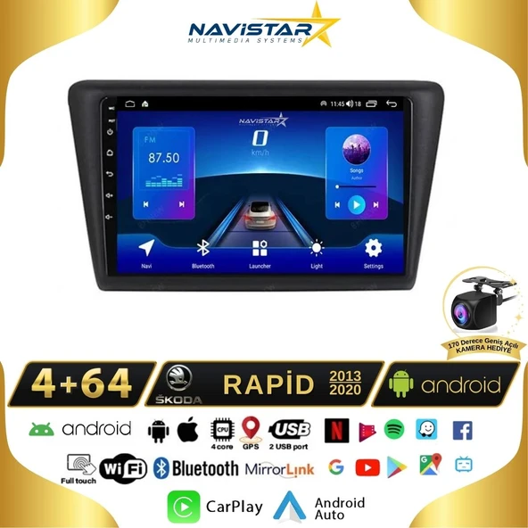 Skoda Rapid 2013-2020 Model 4GB + 64GB Android 13 Kablosuz Carplay Navigasyon Multimedya Sistemi
