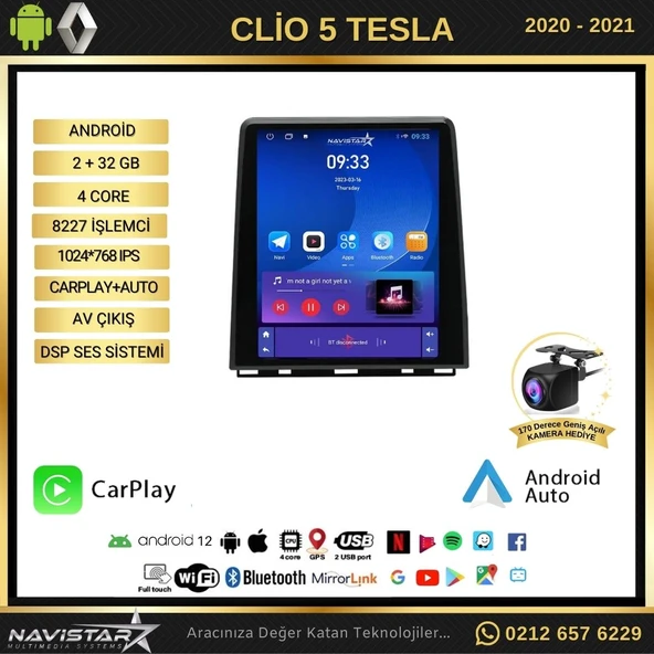 Renault Clio 5 Tesla 2020-2021 Model 2GB + 32GB Kablosuz Carplay Navigasyon Multimedya Sistemi - 2