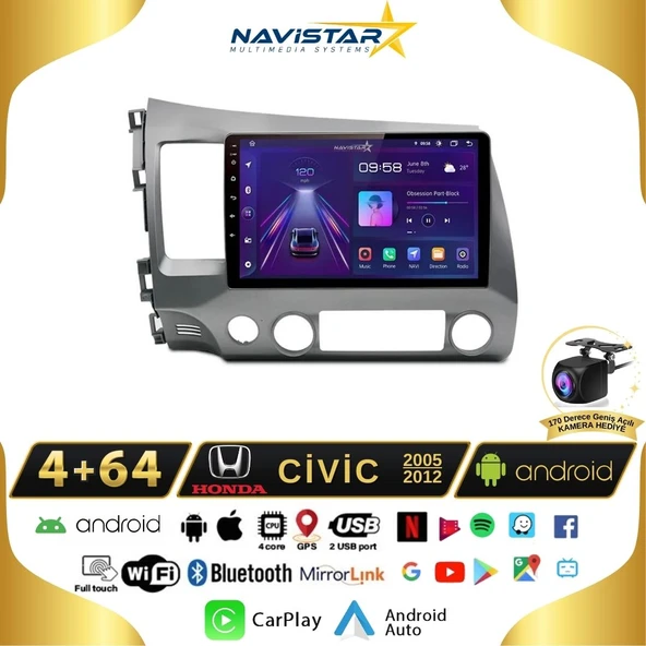Honda Civic 2005-2012 Model 4GB + 64GB Android 13 Kablosuz Carplay Navigasyon Multimedya Sistemi
