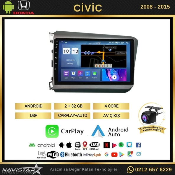 Honda Civic  2008-2015 Model 2GB + 64GB Android 13 Kablosuz Carplay Navigasyon Multimedya Sistemi - 2