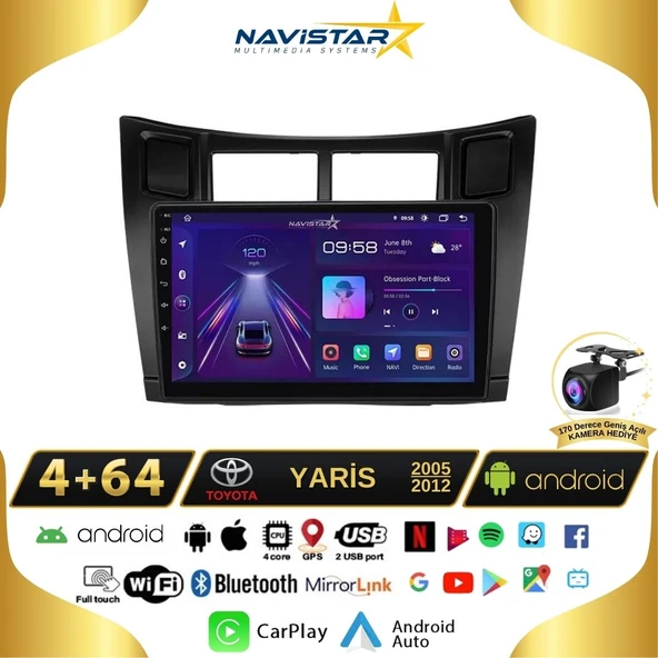 Toyota Yaris 2005-2012 Model 4GB + 64GB Android 13 Kablosuz Carplay Navigasyon Multimedya Sistemi