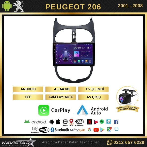 Peugeot 206  2001-2008 Model 4GB + 64GB Android 13 Kablosuz Carplay Navigasyon Multimedya Sistemi - 2