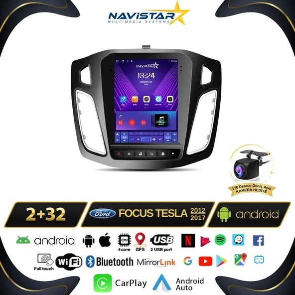 Ford Focus Tesla 4GB + 64GB 2012-2018 Model Kablosuz Carplay Navigasyon Qled Multimedya Sistemi
