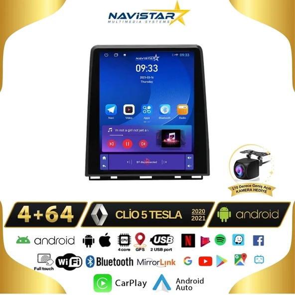 Renault Clio 5 Tesla 4GB + 64GB 2020-2021 Model Kablosuz Carplay Navigasyon Qled Multimedya Sistemi
