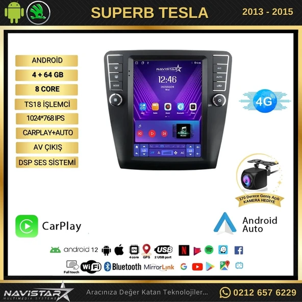 Skoda Superb Tesla 4GB + 64GB 2013-2019 Model  Kablosuz Carplay Navigasyon Qled Multimedya Sistemi - 2