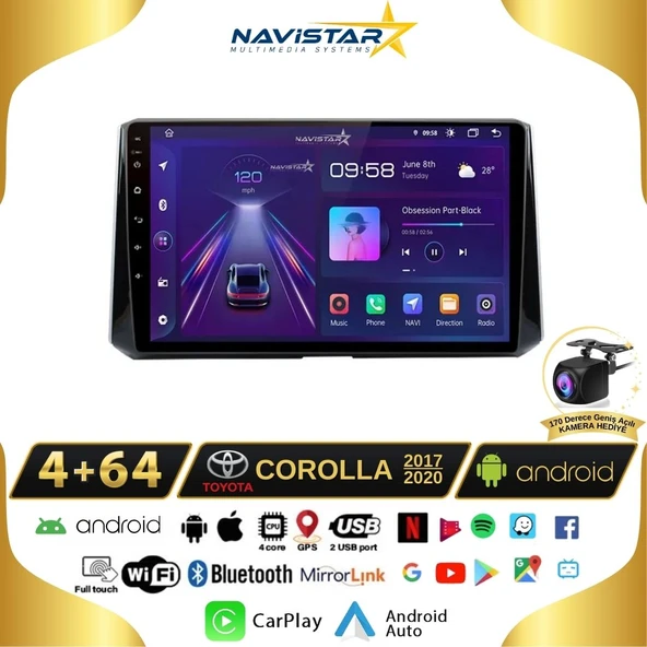 Toyota Corolla 2017-2020 Model 4GB + 64GB Android 13 Kablosuz Carplay Navigasyon Multimedya Sistemi