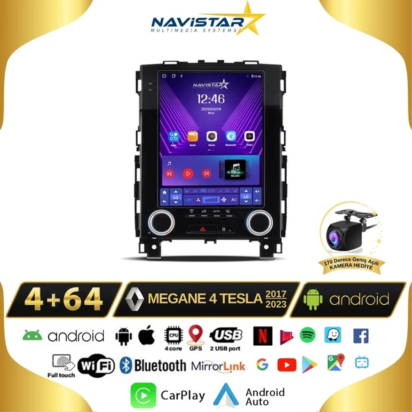 Renault Megane 4 Tesla 4GB + 64GB 2017-2023 Model Android Qled Kablosuz Carplay Navigasyon Multimedya Sistemi