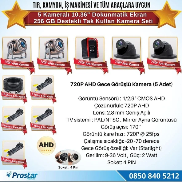 5 Kameralı 10.36" Dokunmatik Kayıtlı Ekranlı 256 Gb Sd Kart Destekli Araç Kamera Seti - 3
