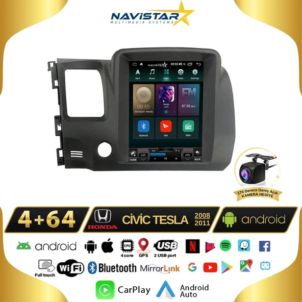 Honda Civic 2005-2012 Tesla Model 4GB + 64GB Kablosuz Carplay Navigasyon Qled Multimedya Sistemi