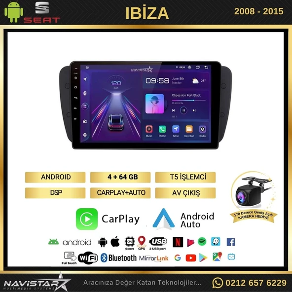 Seat Ibiza 4GB + 64GB 2008-2015 Model Android 13 Kablosuz Carplay Navigasyon Multimedya Sistemi