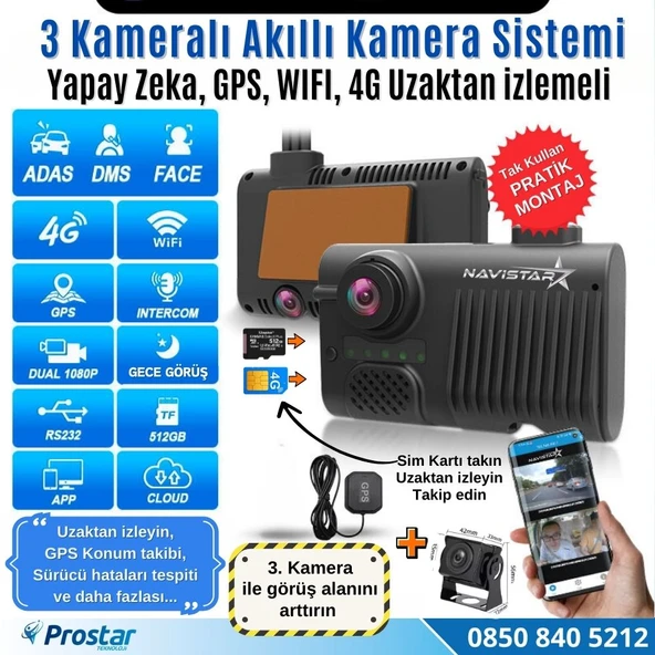 3 Kameralı 4G Uzaktan izlemeli GPS Wifi Yapay Zekalı Akıllı Dashcam Kamyon Tır Kamera Sistemi - 2