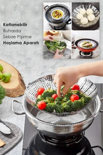 Buharda Sebze Pişirme Sepeti Paslanmaz Çelik Tencere İçi Buharlı Haşlama Katlanır Pişirici Sepet