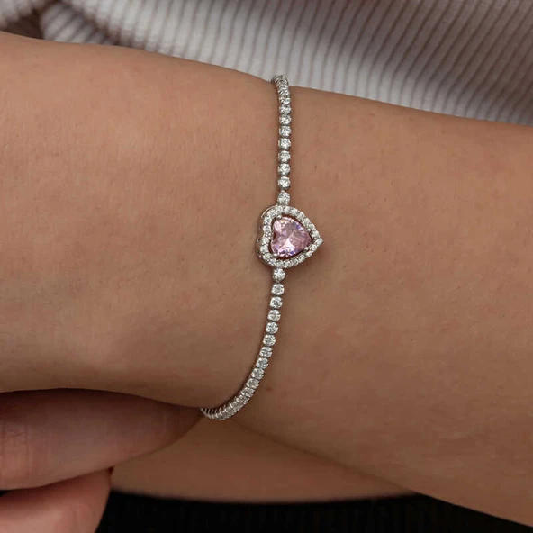Gümüş Pembe Taşlı Kalpli Su Yolu Bileklik