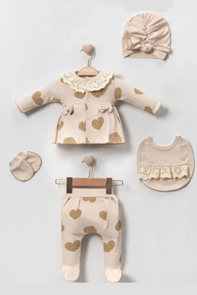 Kalp Baskılı Fisto Yaka Kutulu 5 Parça Hastane Çıkışı Zıbın Seti %100 Pamuk ürün görseli