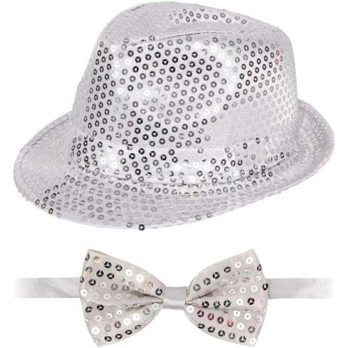Gümüş Payetli Şapka ve Papyon Seti – Parıltılı Yetişkin Kostüm Seti - Resim 2