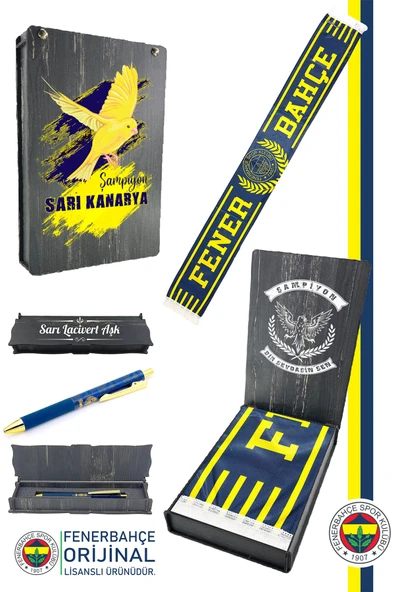 Fenerbahçe Orijinal Lisanslı Since 1907 Fenerbahçe Şal Atkı ve Hybrt Tükenmez Kalem Set Ahşap Kutulu