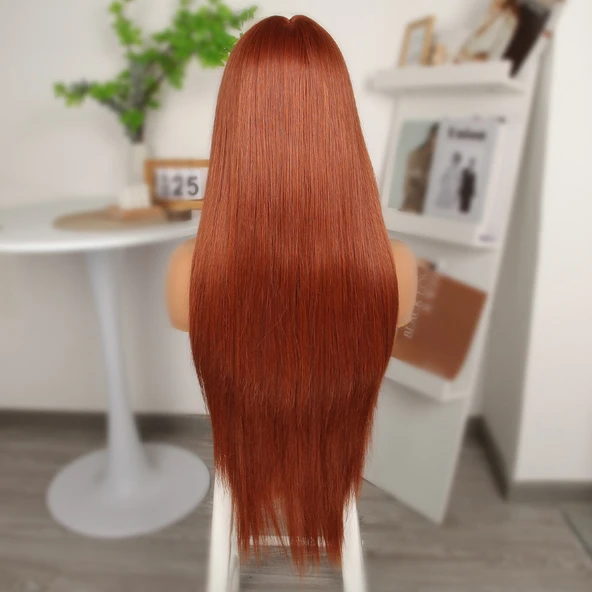 Koyu Bakır Ekstra Uzun Fiber Sentetik Düz Tül Peruk - Resim 5