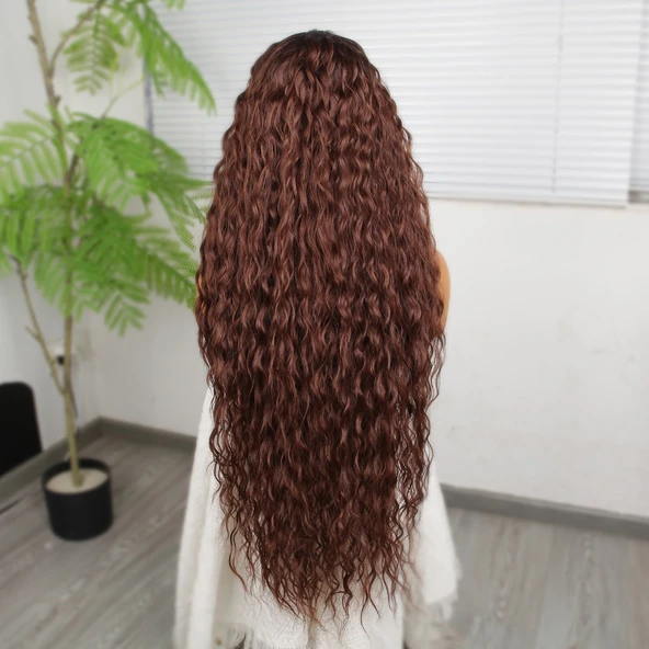 Kahve Karamel Ombreli Fiber Sentetik Tül Peruk - Resim 5