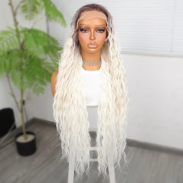 Rus Kumralı Beyaz Platin Ombreli Fiber Sentetik Tül Peruk - Resim 2