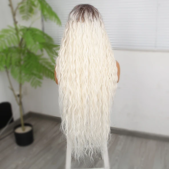 Rus Kumralı Beyaz Platin Ombreli Fiber Sentetik Tül Peruk - Resim 5