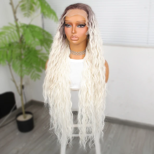 Rus Kumralı Beyaz Platin Ombreli Fiber Sentetik Tül Peruk - Resim 4