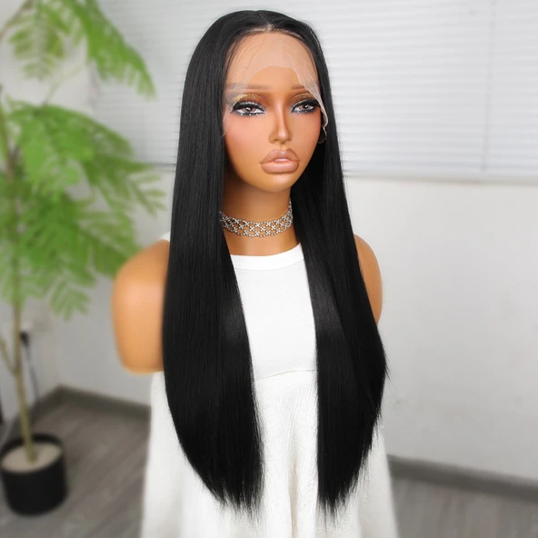 Siyah Fiber Sentetik Düz Tül Peruk - Resim 3