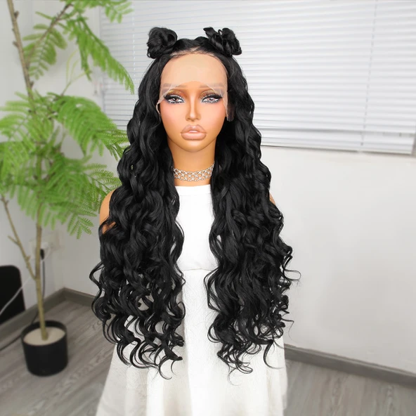 Siyah Fiber Sentetik Yoğun Dalgalı Tül Peruk - Resim 2