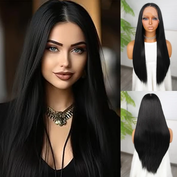 Siyah Fiber Sentetik Düz Tül Peruk