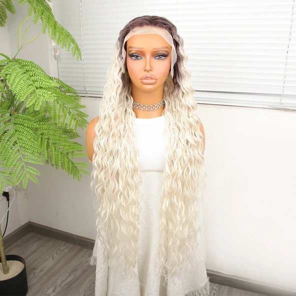 Açık Kumral Platin Ombreli Fiber Sentetik Tül Peruk - Resim 2