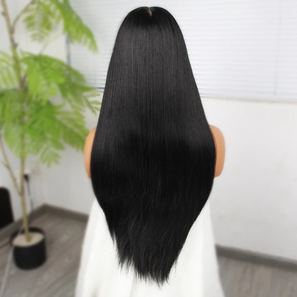 Siyah Fiber Sentetik Düz Tül Peruk - Resim 5