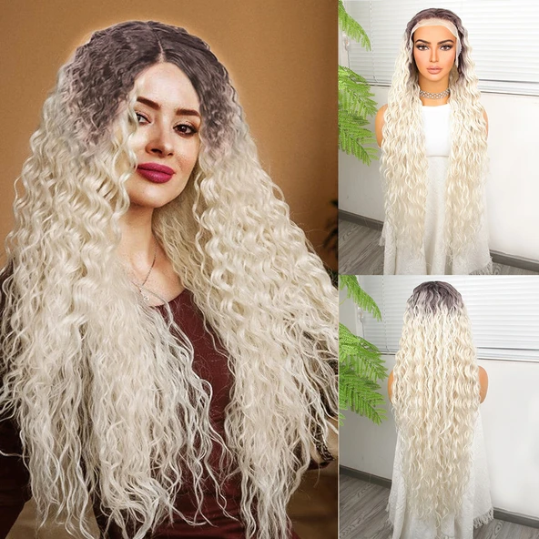 Açık Kumral Platin Ombreli Fiber Sentetik Tül Peruk ürün görseli