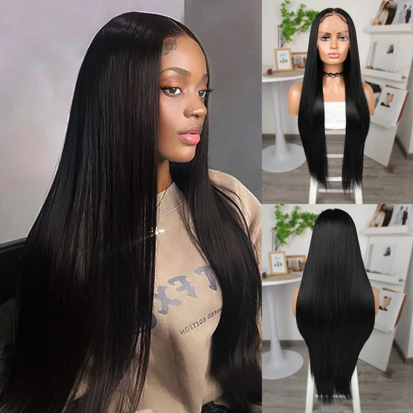 Siyah Ekstra Uzun Fiber Sentetik Düz Tül Peruk ürün görseli