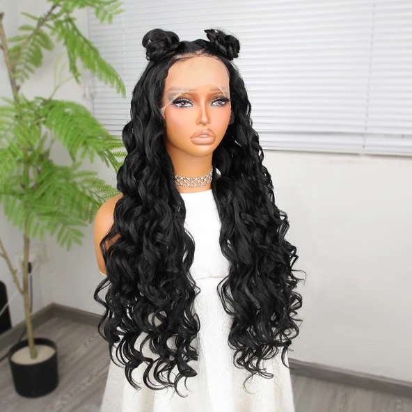 Siyah Fiber Sentetik Yoğun Dalgalı Tül Peruk - Resim 3