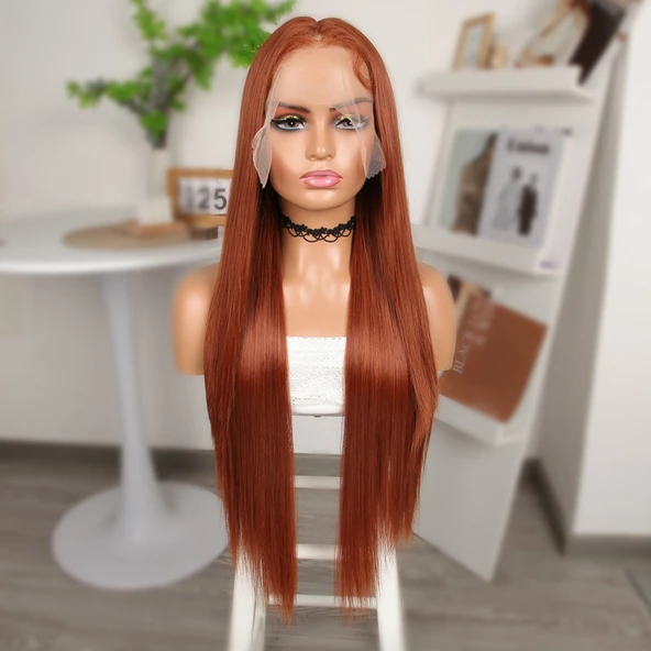 Koyu Bakır Ekstra Uzun Fiber Sentetik Düz Tül Peruk - Resim 2