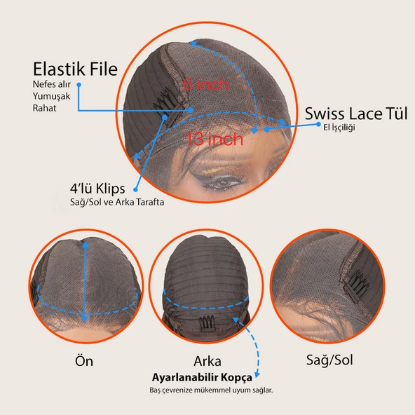 Siyah Fiber Sentetik Düz Tül Peruk - Resim 6