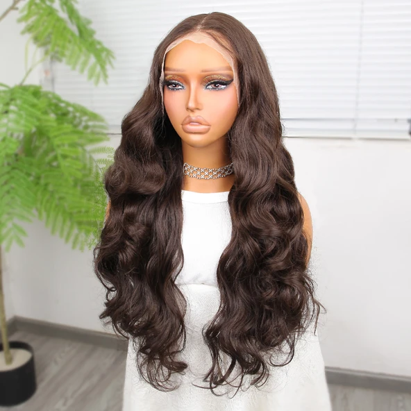 Gür Yoğun Su Dalgalı Koyu Kumral Fiber Sentetik Uzun Tül Peruk - Resim 4