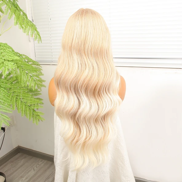 Açık Rus Kumralı Beyaz Platin Ombre Fiber Sentetik Tül Peruk - Resim 5