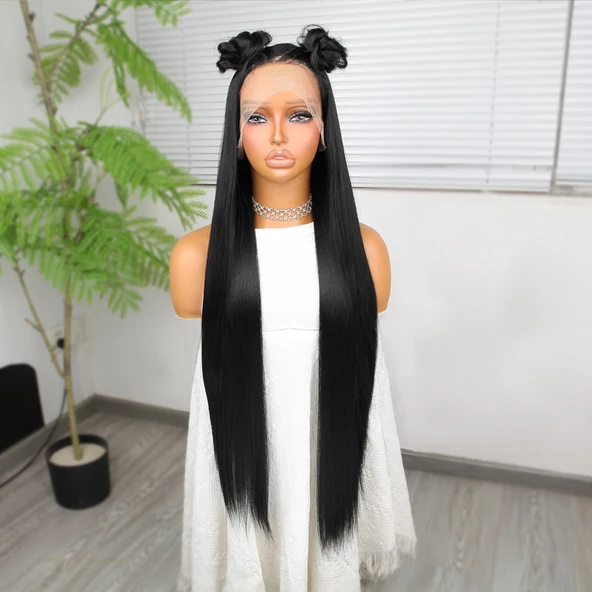 Ekstra Uzun Siyah Fiber Sentetik Düz Tül Peruk - Resim 2