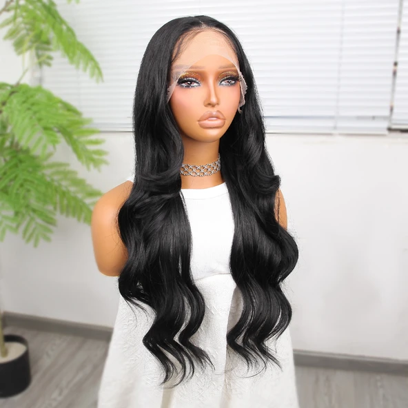 Siyah Fiber Sentetik Dalgalı Tül Peruk - 3