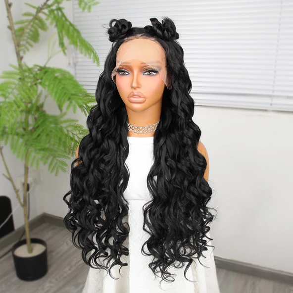 Siyah Fiber Sentetik Yoğun Dalgalı Tül Peruk - Resim 4