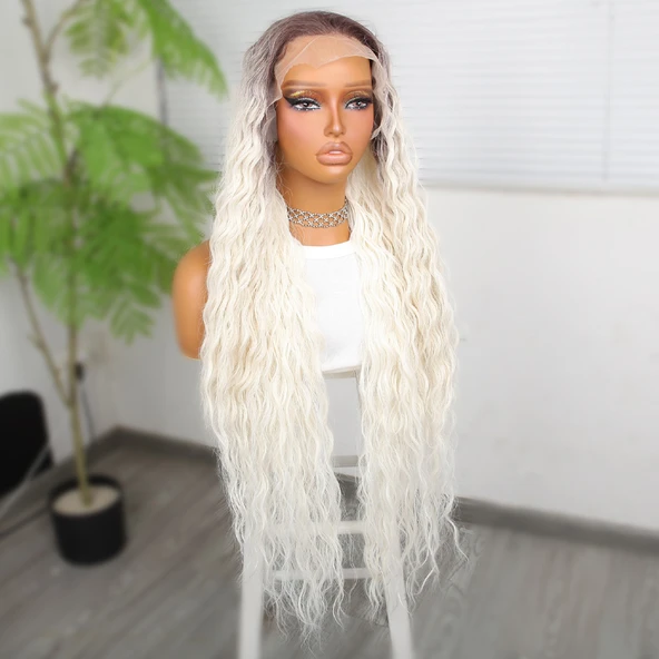 Rus Kumralı Beyaz Platin Ombreli Fiber Sentetik Tül Peruk - Resim 3