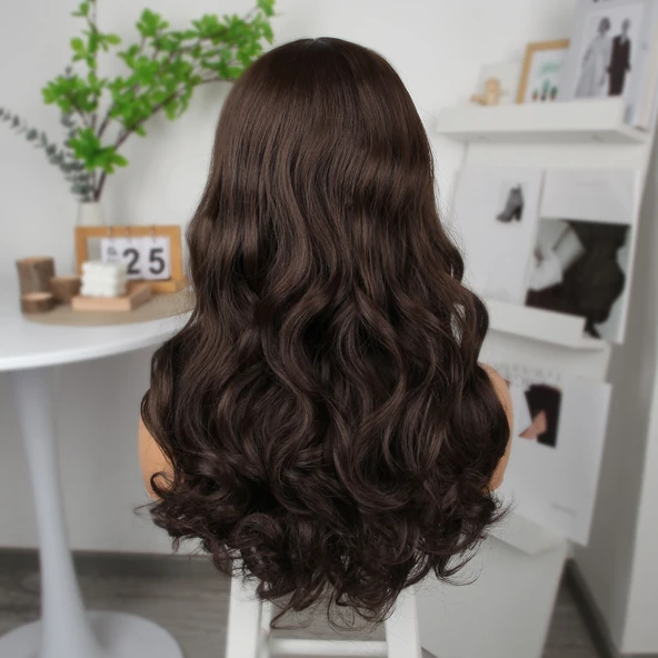 Kahverengi Orta Boy Hafif Dalgalı Tül Peruk - Resim 4